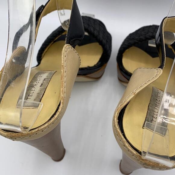 Stella McCartney Black & Tan Woven Platform Sandals 36 Wooden Heel Ankle Straps - Picture 5 of 12